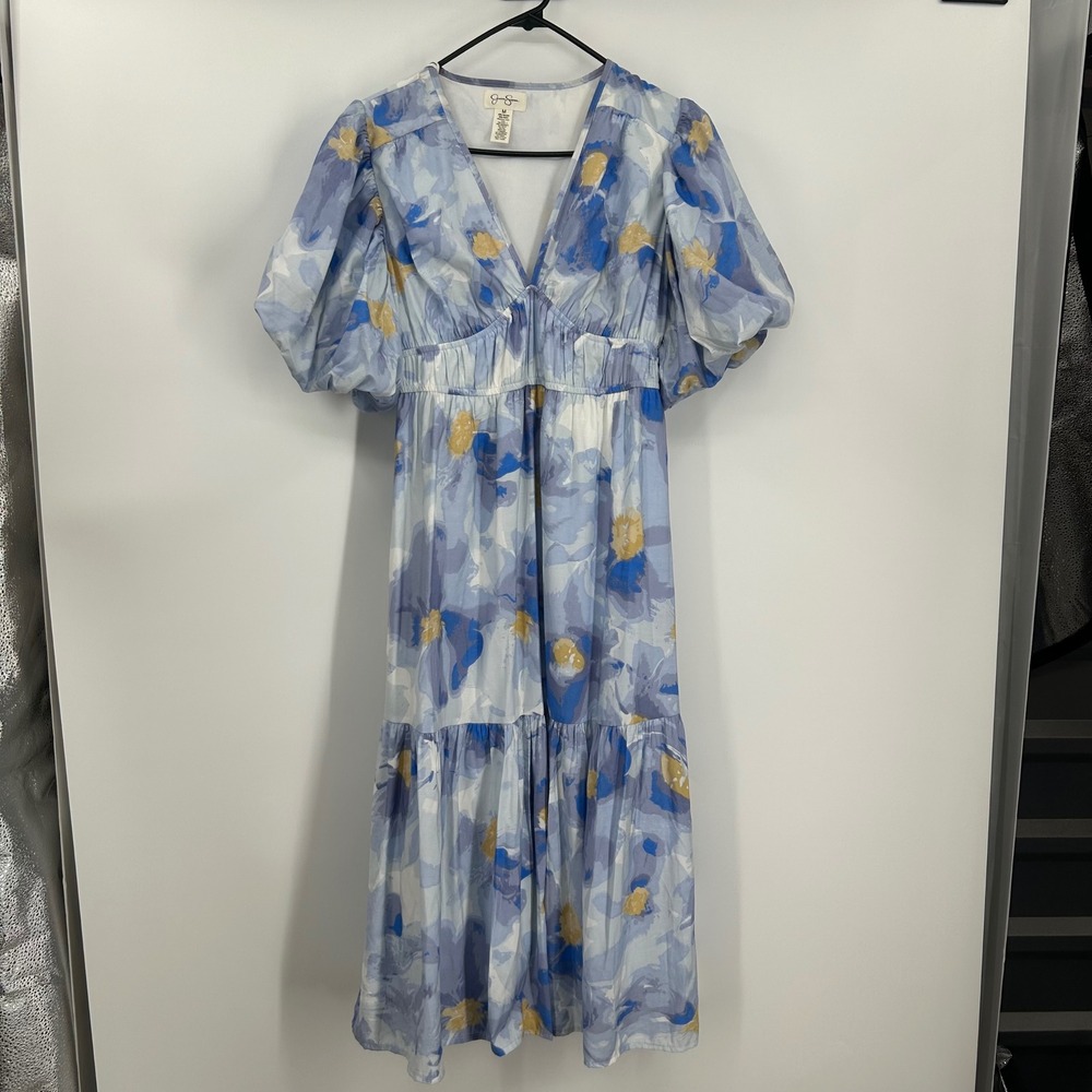 Jessica Simpson Blue Floral Watercolor Puff Sleeve Tiered Midi Dress Womens M